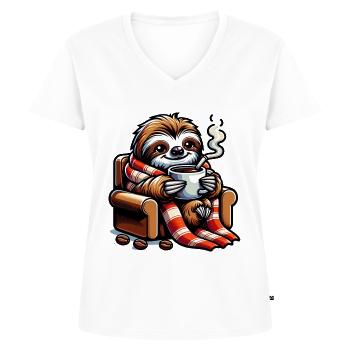 Paresseuse douillette avec café - T-shirt encolure en V Premium bio Femme - blanc - Devant - AI Model Female 172 dark (172cm)
