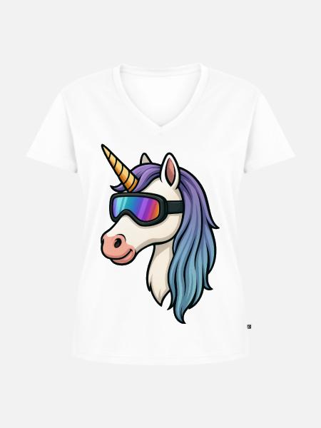Einhorn mit cooler Skibrille - Frauen Premium Bio T-Shirt mit V-Ausschnitt - Weiß