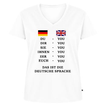 Saying Language German English You Du declension - Women's Premium Organic V-neck T-shirt - white - Front - AI Model Female 172 dark (172cm)