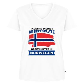 Hütte in Norwegen Urlaub Reise Spruch - Frauen Premium Bio T-Shirt mit V-Ausschnitt - Weiß - Vorne - AI Model Female 172 dark (172cm)