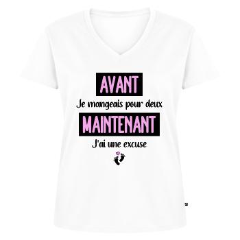 Annonce grossesse original subtil femme enceinte - T-shirt encolure en V Premium bio Femme - blanc - Devant - AI Model Female 172 dark (172cm)