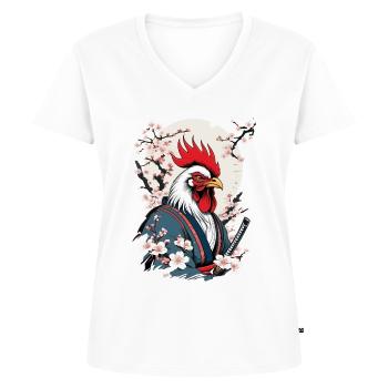 Vintage Hahn Samurai Ukiyo-E Style Design - Frauen Premium Bio T-Shirt mit V-Ausschnitt - Weiß - Vorne - AI Model Female 172 dark (172cm)