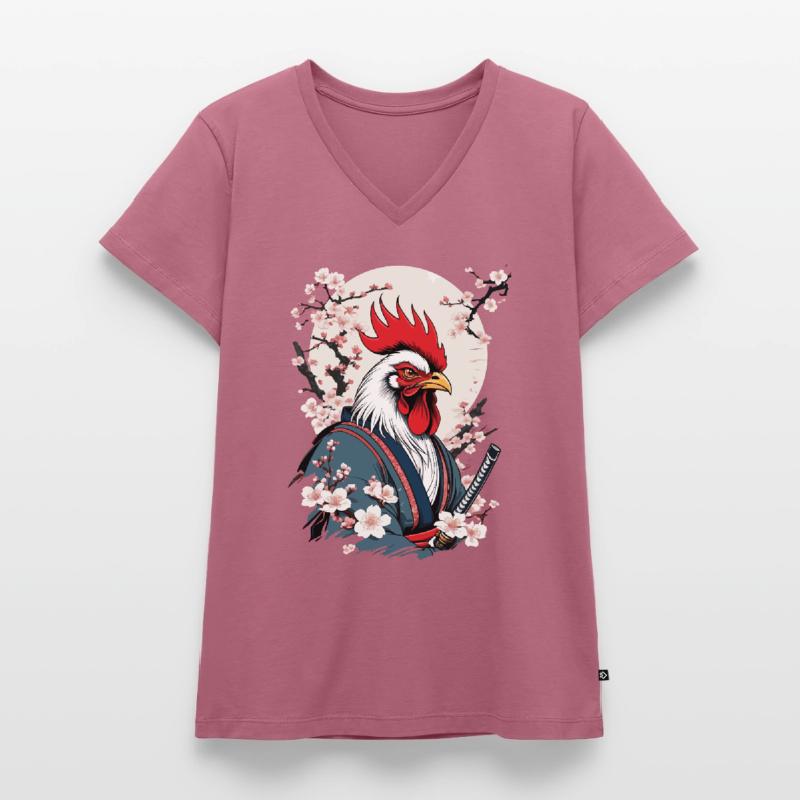 Vintage Hahn Samurai Ukiyo-E Style Design Frauen Premium Bio T-Shirt mit V-Ausschnitt