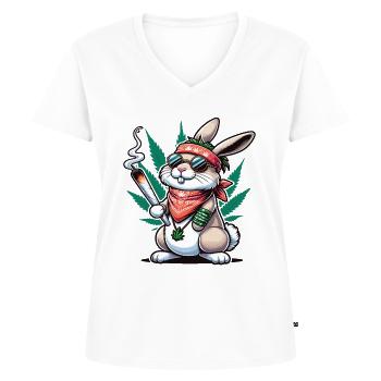 Un lapin hippie qui fume un joint de cannabis - T-shirt encolure en V Premium bio Femme - blanc - Devant - AI Model Female 172 dark (172cm)