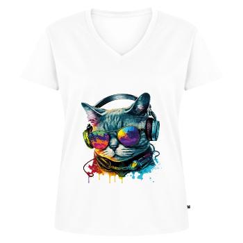 Katze Sonnenbrille Kopfhörer Splash Bunt Tier - Frauen Premium Bio T-Shirt mit V-Ausschnitt - Weiß - Vorne - AI Model Female 172 dark (172cm)