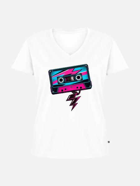 B-Seite: Retro-Kassette und Musikstrahl - Frauen Premium Bio T-Shirt mit V-Ausschnitt - Weiß