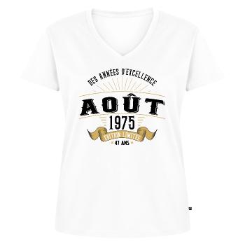 47 Ans Anniversaire Vintage Né(e) en Août 1975 - T-shirt encolure en V Premium bio Femme - blanc - Devant - AI Model Female 172 dark (172cm)