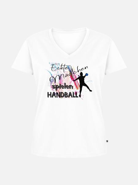 Echte Mädchen spielen Handball - Frauen Premium Bio T-Shirt mit V-Ausschnitt - Weiß