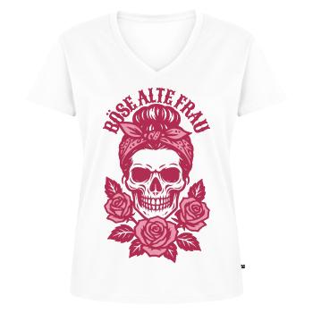 Böse alte Frau - Totenkopf - Rosen - Spruch - Frauen Premium Bio T-Shirt mit V-Ausschnitt - Weiß - Vorne - AI Model Female 172 dark (172cm)