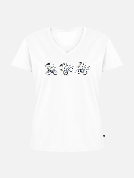 Peanuts Snoopy Fahrrad - Frauen Premium Bio T-Shirt mit V-Ausschnitt - Weiß