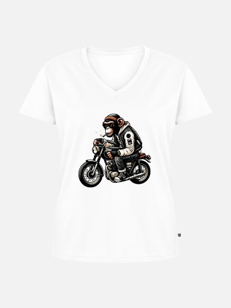 Schimpanse Biker Coolness Tee - Frauen Premium Bio T-Shirt mit V-Ausschnitt - Weiß