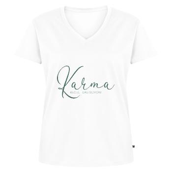 Karma Regelt Das Schon - Yoga Spruch Humor - Frauen Premium Bio T-Shirt mit V-Ausschnitt - Weiß - Vorne - AI Model Female 172 dark (172cm)
