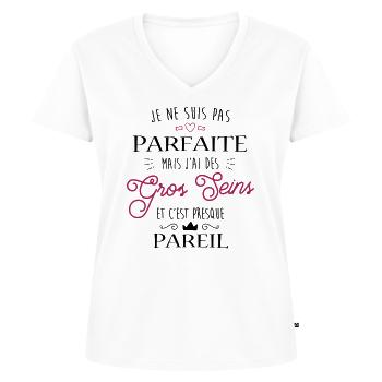 Gros seins et Parfaite - T-shirt encolure en V Premium bio Femme - blanc - Devant - AI Model Female 172 dark (172cm)
