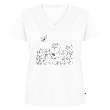 Ausmalbild "Blumen, Bienen & Schmetterlinge" - Frauen Premium Bio T-Shirt mit V-Ausschnitt - Weiß - Vorne - AI Model Female 172 dark (172cm)