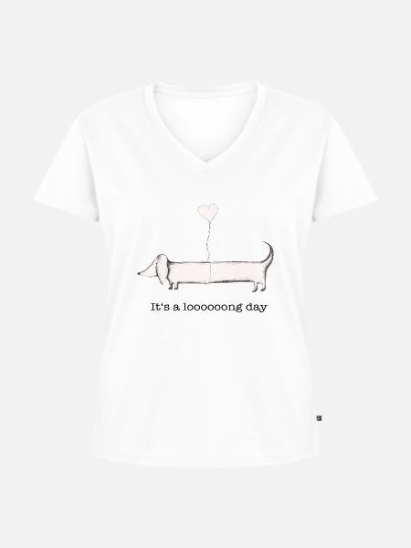 Dackel: it‘s a long day - Frauen Premium Bio T-Shirt mit V-Ausschnitt - Weiß