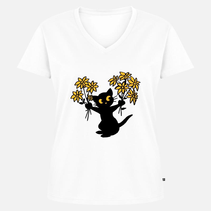 Die Katze mit Blumen - Frauen Premium Bio T-Shirt mit V-Ausschnitt - Weiß