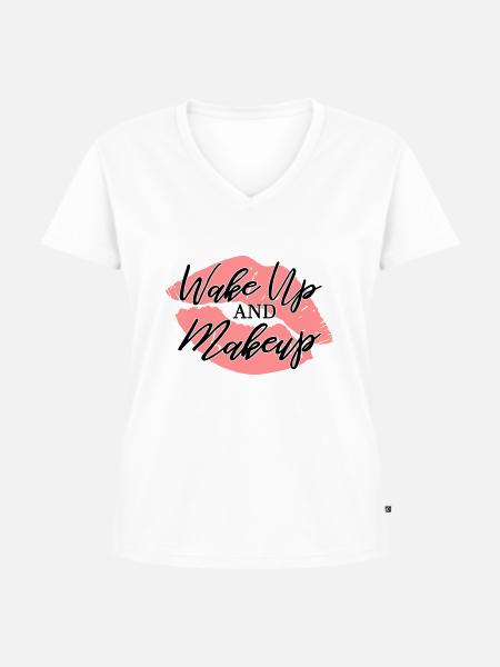 wake up and makeup gift - Frauen Premium Bio T-Shirt mit V-Ausschnitt - Weiß