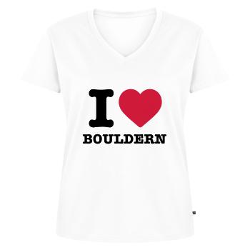 I love Bouldern Spruch Herz rot Klettern Boulderer - Frauen Premium Bio T-Shirt mit V-Ausschnitt - Weiß - Vorne - AI Model Female 172 dark (172cm)