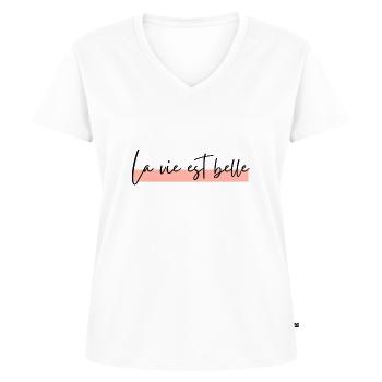 La vie est belle - T-shirt encolure en V Premium bio Femme - blanc - Devant - AI Model Female 172 dark (172cm)