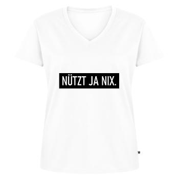 Nützt ja nix - Ostfriesische Antwort auf Alles - Frauen Premium Bio T-Shirt mit V-Ausschnitt - Weiß - Vorne - AI Model Female 172 dark (172cm)