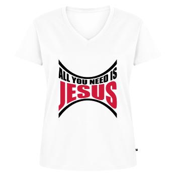 Need Jesus Gebogen - Frauen Premium Bio T-Shirt mit V-Ausschnitt - Weiß - Vorne - AI Model Female 172 dark (172cm)