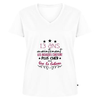 humour anniversaire 13 ans - T-shirt encolure en V Premium bio Femme - blanc - Devant - AI Model Female 172 dark (172cm)