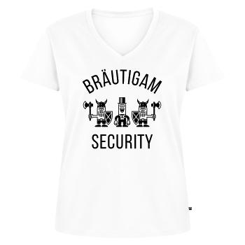 Bräutigam Security Wikinger (JGA / 1C) - Frauen Premium Bio T-Shirt mit V-Ausschnitt - Weiß - Vorne - AI Model Female 172 dark (172cm)
