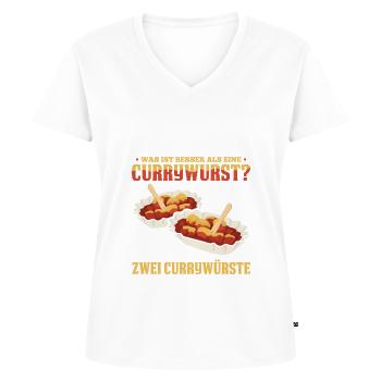 Was ist besser als eine Currywurst? Zwei Currywürs - Frauen Premium Bio T-Shirt mit V-Ausschnitt - Weiß - Vorne - AI Model Female 172 dark (172cm)