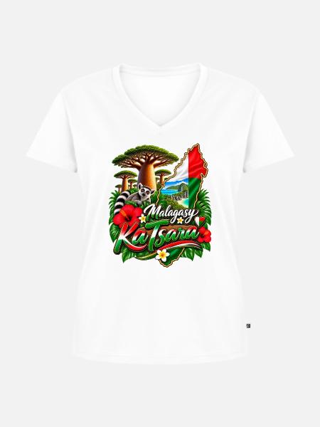 Malagasy KaTsara Tropenmotiv - Frauen Premium Bio T-Shirt mit V-Ausschnitt - Weiß
