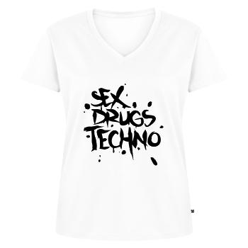 Sex Drugs & Techno - Women's Premium Organic V-neck T-shirt - white - Front - AI Model Female 172 dark (172cm)