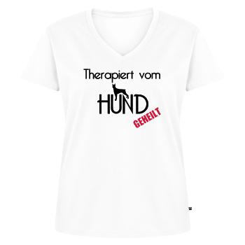 Therapiert vom Hund Hunde Tier Haustier Geschenk - Frauen Premium Bio T-Shirt mit V-Ausschnitt - Weiß - Vorne - AI Model Female 172 dark (172cm)
