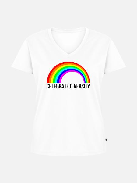 Celebrate Diversity Rainbow Statement - Frauen Premium Bio T-Shirt mit V-Ausschnitt - Weiß