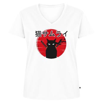 Samurai Kitten Ninja Cat Japanese Vintage Sunset - Women's Premium Organic V-neck T-shirt - white - Front - AI Model Female 172 dark (172cm)