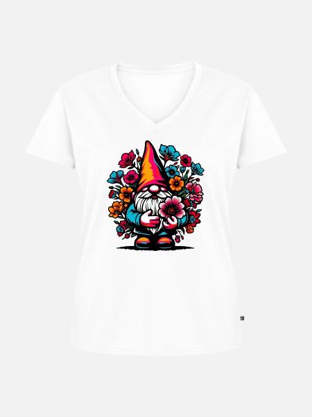 Zwerg mit Blumen - Frauen Premium Bio T-Shirt mit V-Ausschnitt - Weiß