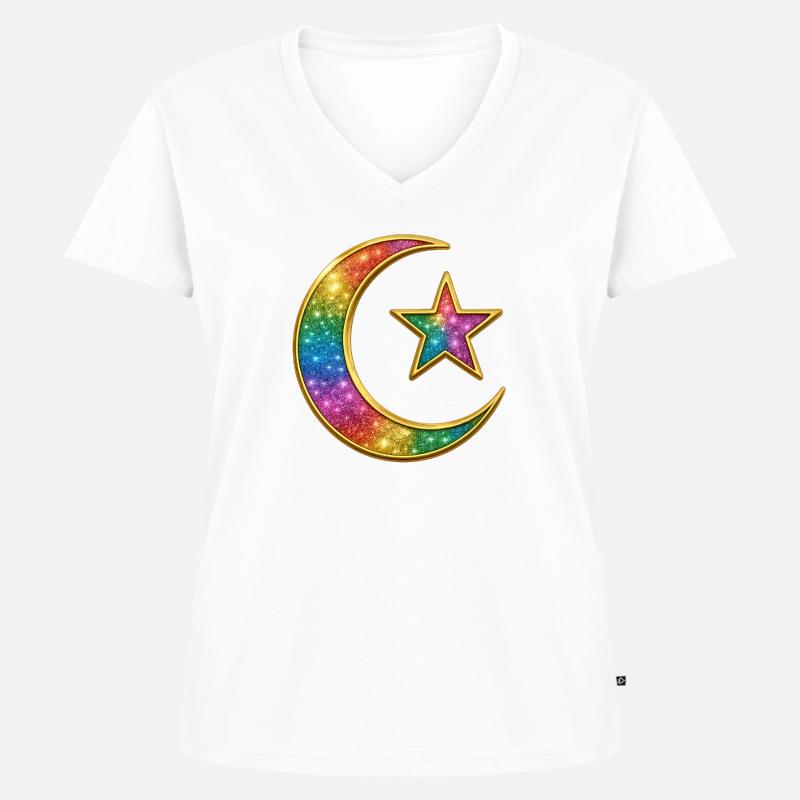 Musulmano | Islam Arcobaleno Luna Celeste e Stella Pin - Maglietta ecologica premium da donna con scollo a V - bianco