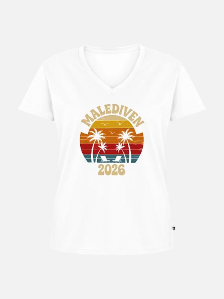 Malediven 2026 Retro Palmen - Frauen Premium Bio T-Shirt mit V-Ausschnitt - Weiß