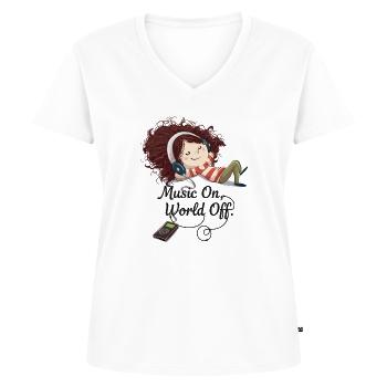 Music On World Off – Mädchen mit Kopfhörern - Frauen Premium Bio T-Shirt mit V-Ausschnitt - Weiß - Vorne - AI Model Female 172 dark (172cm)