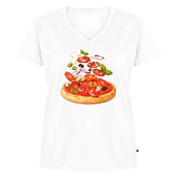 Pizza with salami and vegetables illustration - Women's Premium Organic V-neck T-shirt - white - Front - AI Model Female 172 dark (172cm)