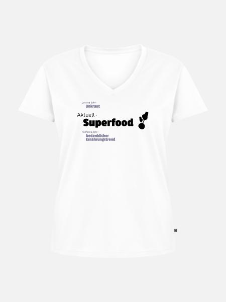 aktuelles Superfood - Frauen Premium Bio T-Shirt mit V-Ausschnitt - Weiß