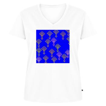 Motif de croix néon sur bleu cobalt - T-shirt encolure en V Premium bio Femme - blanc - Devant - AI Model Female 172 dark (172cm)