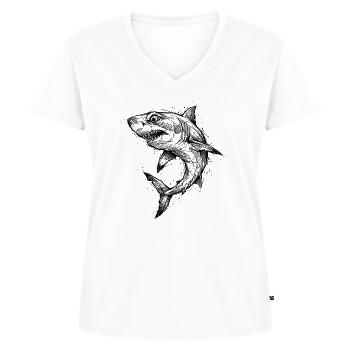Hai Geometrisch - Modernes Shark Sketch Design - Frauen Premium Bio T-Shirt mit V-Ausschnitt - Weiß - Vorne - AI Model Female 172 dark (172cm)