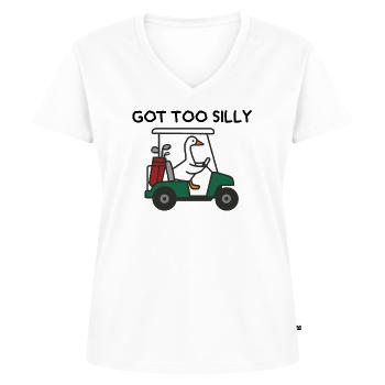 Gans im Golfwagen – Humorvolles Sportdesign - Frauen Premium Bio T-Shirt mit V-Ausschnitt - Weiß - Vorne - AI Model Female 172 dark (172cm)