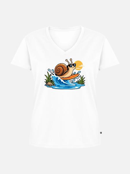 Surfing Snail - Frauen Premium Bio T-Shirt mit V-Ausschnitt - Weiß