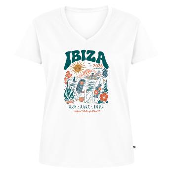 Ibiza 2026 Sun Salt Soul - Frauen Premium Bio T-Shirt mit V-Ausschnitt - Weiß - Vorne - AI Model Female 172 dark (172cm)