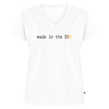 DDR Lustiger Spruch Made in the DDR - Frauen Premium Bio T-Shirt mit V-Ausschnitt - Weiß - Vorne - AI Model Female 172 dark (172cm)