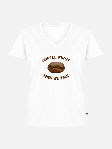 Coffee first - Frauen Premium Bio T-Shirt mit V-Ausschnitt - Weiß