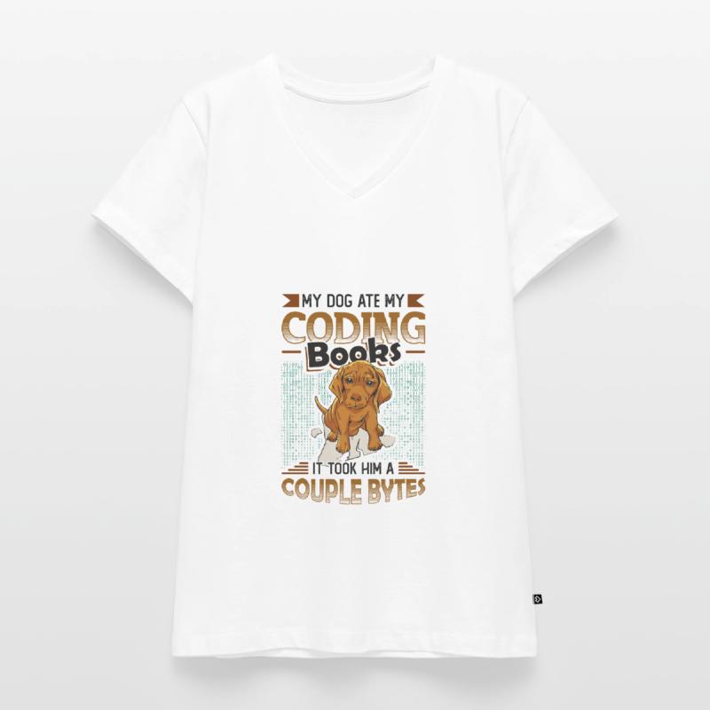 Dog Bytes Code Computer Joke Programming Women's Premium Organic V-neck T-shirt