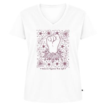 Antifaschistisches Liberté Égalité Fuck AfD Frauen - Frauen Premium Bio T-Shirt mit V-Ausschnitt - Weiß - Vorne - AI Model Female 172 dark (172cm)