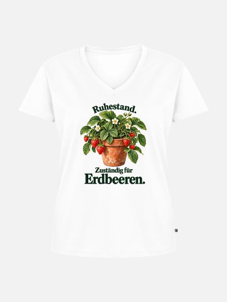 Ruhestand – Zuständig für Erdbeeren | Illustration - Frauen Premium Bio T-Shirt mit V-Ausschnitt - Weiß