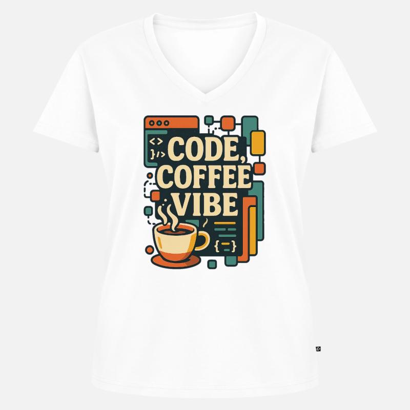 Code Coffee Vibe – Lustiges Programmer T-Shirt - Frauen Premium Bio T-Shirt mit V-Ausschnitt - Weiß